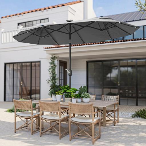 Sombrilla de Jardín Doble 295x150x219 cm con Luces LED Solares Toldo con Inclinación Ajustable y Manivela Manual Gris [7]