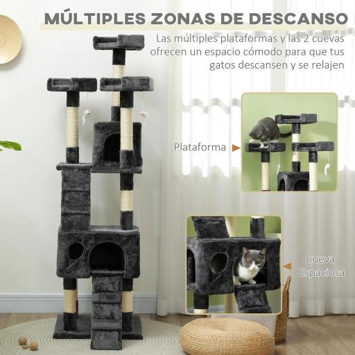 Árbol Rascador para Gatos Grande 49x49x173 cm con Múltiples Niveles con Cuevas Escaleras Juguetes Colgantes Camas Centro Actividades Sisal Gris [3]