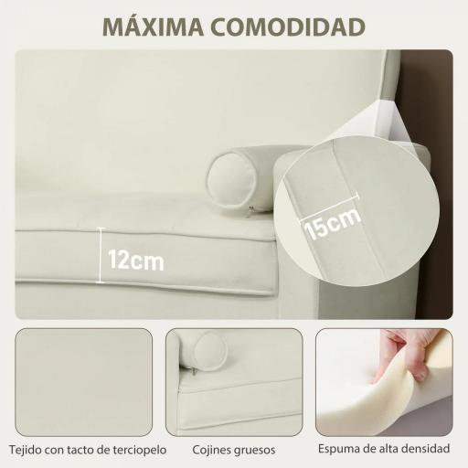 Sofá de 2 Plazas Tapizado en Terciopelo 130 cm con Asiento Capitoné y Patas de Madera para Espacios Pequeños Crema [2]