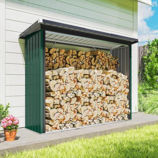 Casetilla para Leña de Acero Galvanizado con Base Elevada y Techo Inclinado 213x66,5x150 cm Verde [5]
