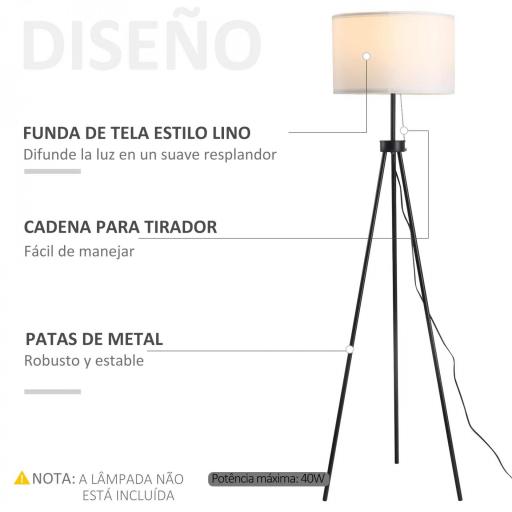 Lámpara de Pie con Trípode Metálico y Pantalla de Tela Diseño Elegante y Clásico Ø37x152 cm para Hogar u Oficina [2]