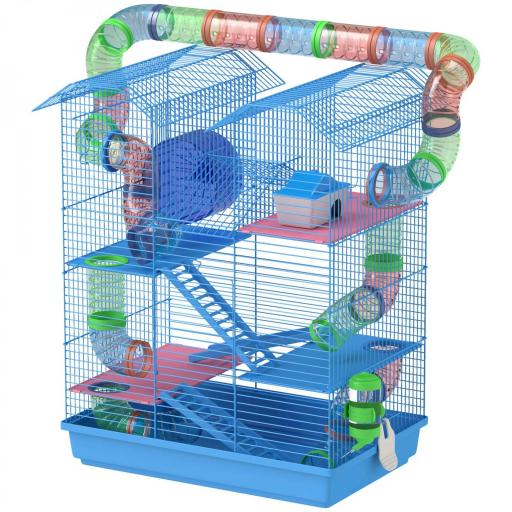Jaula para Hámster de Múltiples Niveles con Tubos Plataformas Comedero Bebedero Casita Rueda Escaleras 47x30x59 cm Azul [8]