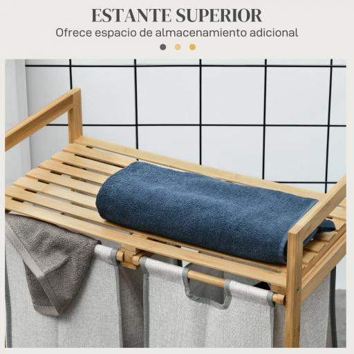 Cesto de la Ropa Sucia de Bambú con 2 Bolsas Extraíbles y Estante Carga 20kg 2x40,6L 64x33x73 cm Natural [7]