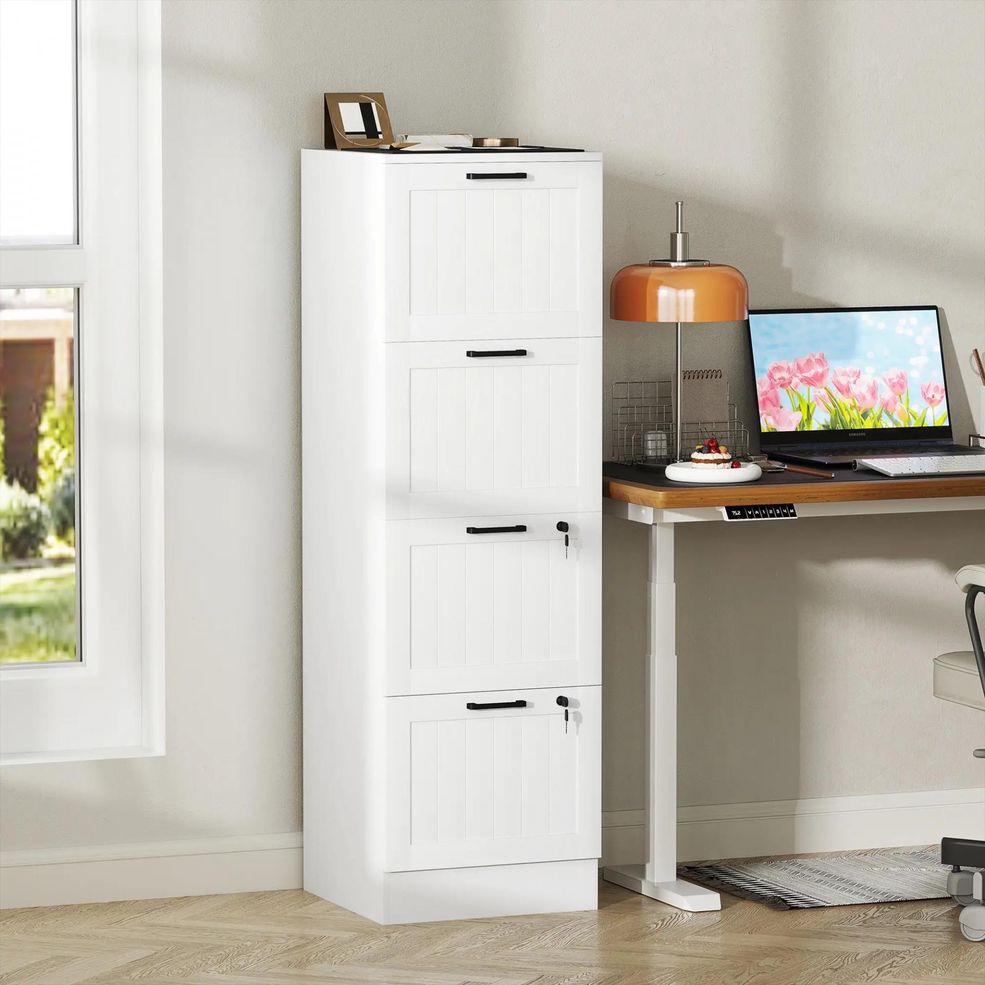 Mueble Archivador con 4 Cajones Cerraduras Carpetas A4 y Carta 40x40x131 cm Blanco