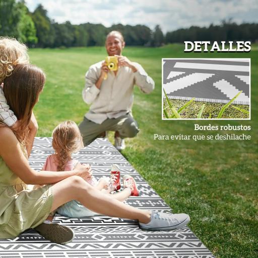 Alfombra de Exterior Reversible 182x274 cm con Patrón Geométrico de Cenefa Impermeable con Bolsa Gris y Blanco [5]