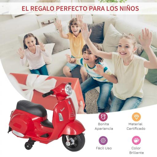 Moto Eléctrica Vespa para Niños de 18-36 Meses Moto de Batería 6V con Faro Bocina y 4 Ruedas Motocicleta Infantil con Licencia 66,5x38x52 cm Rojo [2]