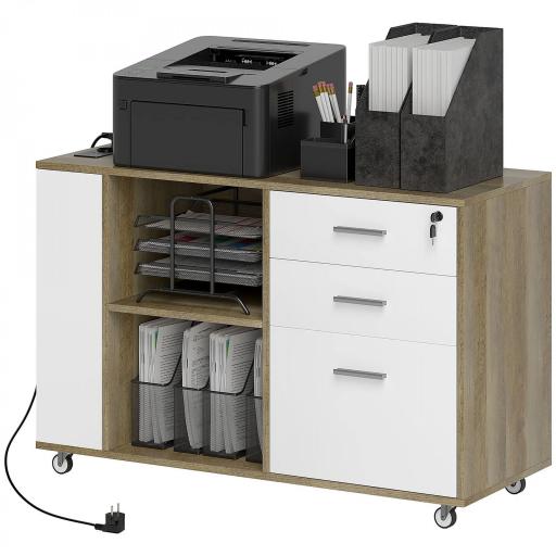 Mueble Archivador con Ruedas 3 Cajones Estación de Carga Cerradura y Estantes 100x40x65,5 cm Marrón Grisáceo [8]