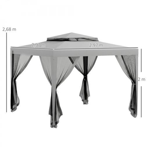 Carpa de Jardín 3x3 m Cenador Gazebo con 4 Mosquiteras Laterales Techo Doble 8 Orificios de Drenaje Marco de Metal Gris [1]
