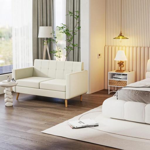 Sofá de 2 Plazas Tapizado en Lino con Reposabrazos y Patas de Madera Carga 250 kg para Dormitorio Oficina Crema [4]