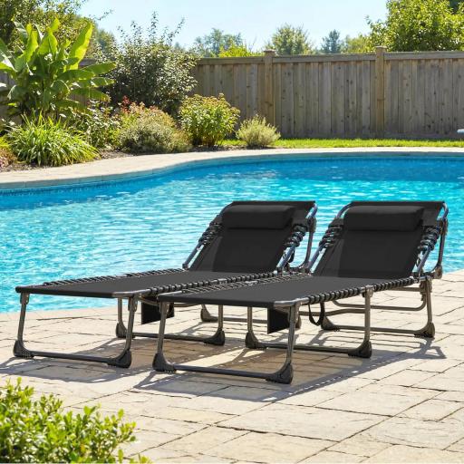 Set de 2 Tumbonas Plegables con Reposacabezas Bolsillo Lateral y Respaldo Reclinable en 5 Posiciones Negro [7]