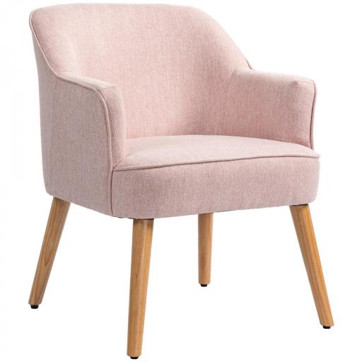 Butaca de Salón Moderna Sillón Individual Tapizado en Lino con Patas de Madera Carga 120 kg 64,5x65x79,5 cm Rosa [8]