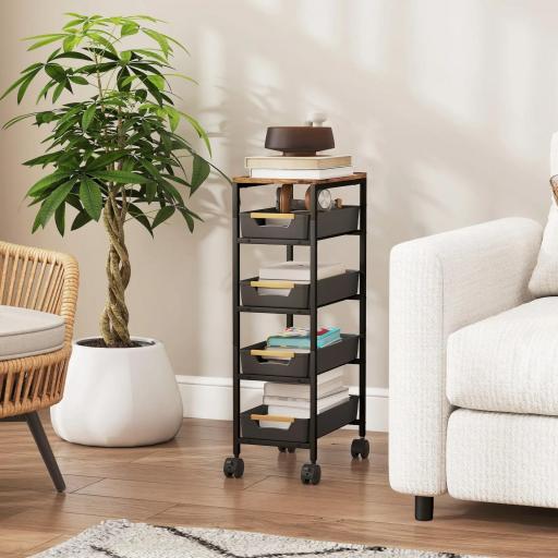 Carro de Cocina de 5 Niveles Carrito Auxiliar con Ruedas Tablero Efecto Madera Cajones Extraíbles 39,5x24x82 cm Negro [6]