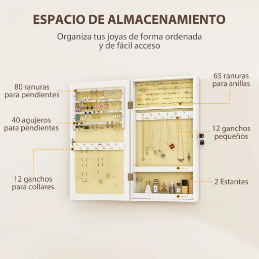 Espejo Joyero de Pared con Cerradura y Varios Compartimentos Montar en Pared o Puerta Blanco y Forro Crema [2]