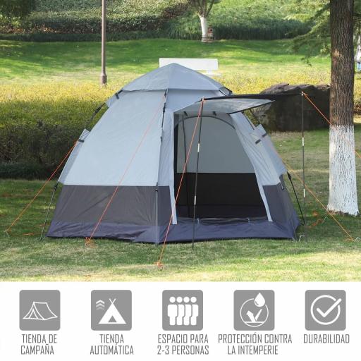 Tienda de Camping para 2-3 Personas con 2 Puertas Impermeable Anti-UV Palanca Automática 260x260x150 cm Negro y Gris [3]