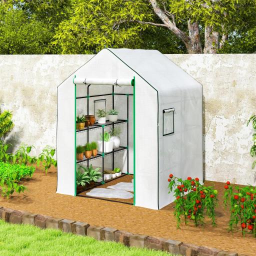 Invernadero de Exterior con 6 Estantes Puerta Enrollable Cubierta de PE y Marco de Acero 140x143x190 cm Blanco [6]