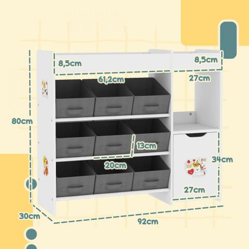 Organizador Infantil con Compartimentos 9 Cestas Extraíbles y Láminas de Pegatinas 92x30x80 cm Blanco  [2]