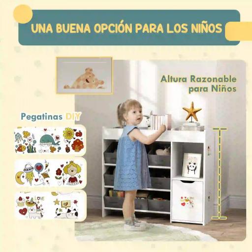 Organizador Infantil con Compartimentos 9 Cestas Extraíbles y Láminas de Pegatinas 92x30x80 cm Blanco  [6]