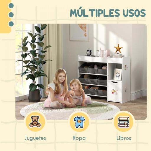 Organizador Infantil con Compartimentos 9 Cestas Extraíbles y Láminas de Pegatinas 92x30x80 cm Blanco  [1]