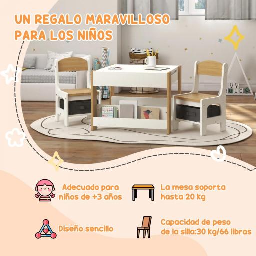 Juego de Mesa con Sillas para Niños 2 en 1 con Pizarra Cajones de Tela y Espacio de Almacenamiento Blanco y Natural [6]