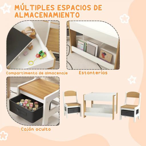 Juego de Mesa con Sillas para Niños 2 en 1 con Pizarra Cajones de Tela y Espacio de Almacenamiento Blanco y Natural [5]