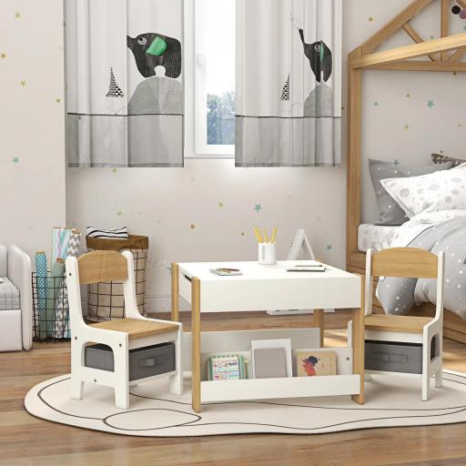 Juego de Mesa con Sillas para Niños 2 en 1 con Pizarra Cajones de Tela y Espacio de Almacenamiento Blanco y Natural [8]