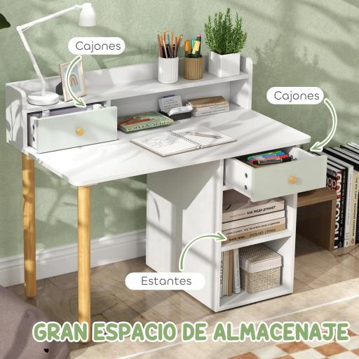 Juego de Escritorio Infantil con Silla Pupitre Infantil con Cajones Compartimento y Estantes Verde Claro y Blanco  [3]