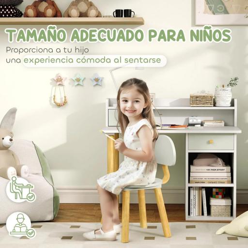 Juego de Escritorio Infantil con Silla Pupitre Infantil con Cajones Compartimento y Estantes Verde Claro y Blanco  [2]