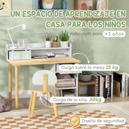 Juego de Escritorio Infantil con Silla Pupitre Infantil con Cajones Compartimento y Estantes Verde Claro y Blanco  [4]