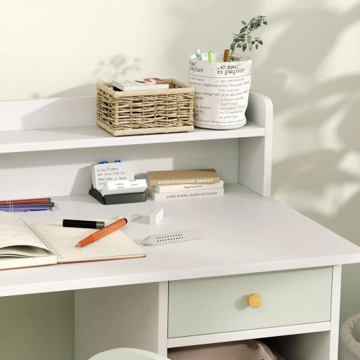 Juego de Escritorio Infantil con Silla Pupitre Infantil con Cajones Compartimento y Estantes Verde Claro y Blanco  [5]