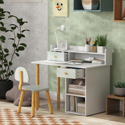Juego de Escritorio Infantil con Silla Pupitre Infantil con Cajones Compartimento y Estantes Verde Claro y Blanco  [6]