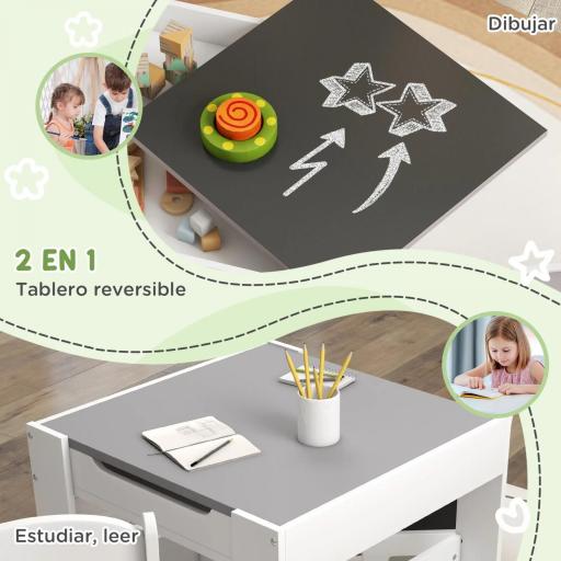 Juego de Mesa con Sillas para Niños 3 en 1 con Pizarra Cajones de Tela y Espacio de Almacenamiento Blanco y Gris [4]