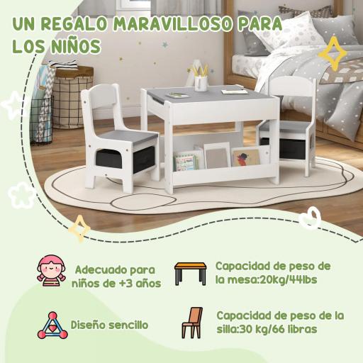 Juego de Mesa con Sillas para Niños 3 en 1 con Pizarra Cajones de Tela y Espacio de Almacenamiento Blanco y Gris [3]