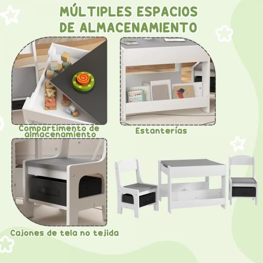Juego de Mesa con Sillas para Niños 3 en 1 con Pizarra Cajones de Tela y Espacio de Almacenamiento Blanco y Gris [5]