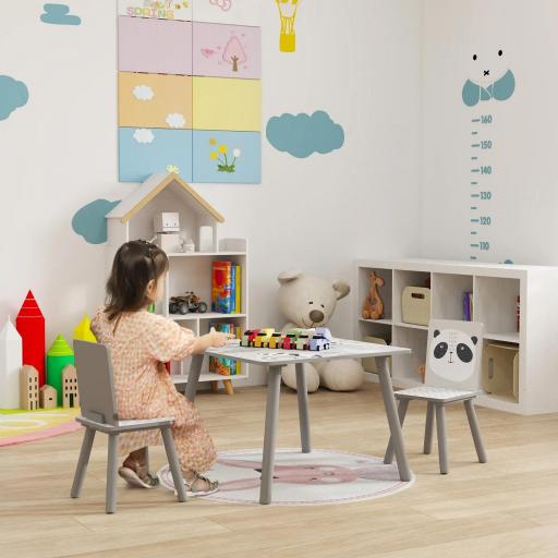 Set de Mesa y 2 Sillas Conjunto de Muebles Infantiles de 3 Piezas para Niños de +3 Años con Cenefa y Panda Gris y Blanco