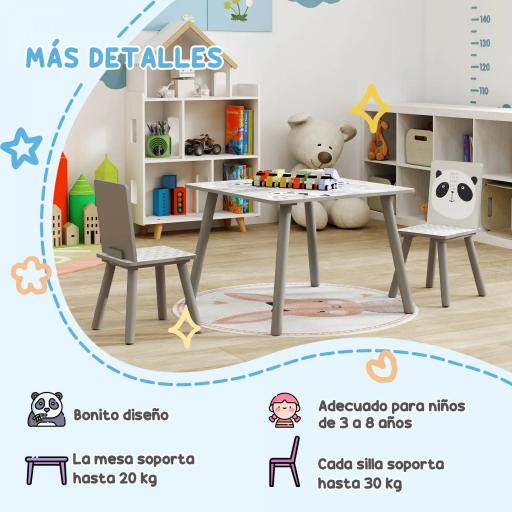 Set de Mesa y 2 Sillas Conjunto de Muebles Infantiles de 3 Piezas para Niños de +3 Años con Cenefa y Panda Gris y Blanco [5]