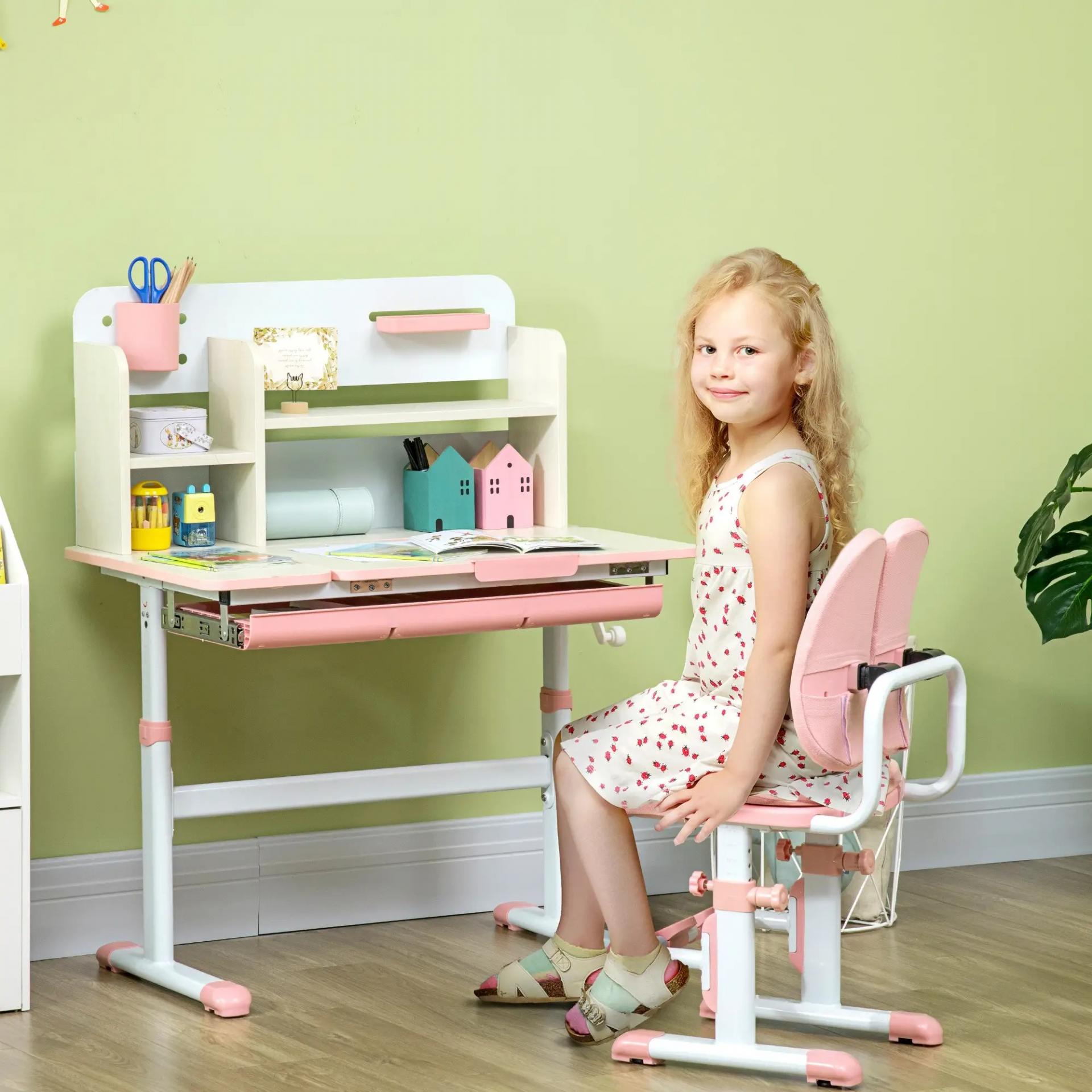 Pupitre Infantil Altura Ajustable con 1 Cajón 1 Estante y Tablero de Mesa Inclinable 80x52x88-109 cm Rosa y Blanco