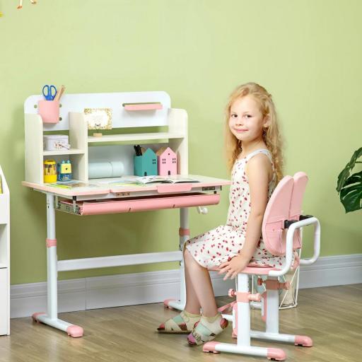 Pupitre Infantil Altura Ajustable con 1 Cajón 1 Estante y Tablero de Mesa Inclinable 80x52x88-109 cm Rosa y Blanco