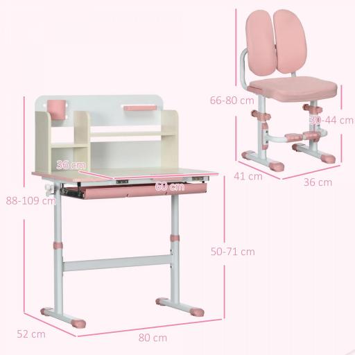 Pupitre Infantil Altura Ajustable con 1 Cajón 1 Estante y Tablero de Mesa Inclinable 80x52x88-109 cm Rosa y Blanco [1]