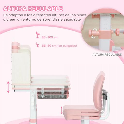 Pupitre Infantil Altura Ajustable con 1 Cajón 1 Estante y Tablero de Mesa Inclinable 80x52x88-109 cm Rosa y Blanco [3]