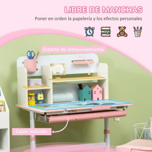 Pupitre Infantil Altura Ajustable con 1 Cajón 1 Estante y Tablero de Mesa Inclinable 80x52x88-109 cm Rosa y Blanco [4]