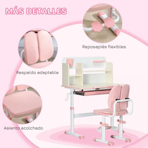 Pupitre Infantil Altura Ajustable con 1 Cajón 1 Estante y Tablero de Mesa Inclinable 80x52x88-109 cm Rosa y Blanco [5]
