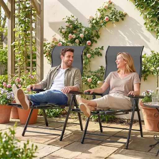 Pack de 2 Sillas Plegables Reclinables de Jardín Exterior con Respaldo Alto Ajustable en 5 Posiciones Reposapiés Gris [2]