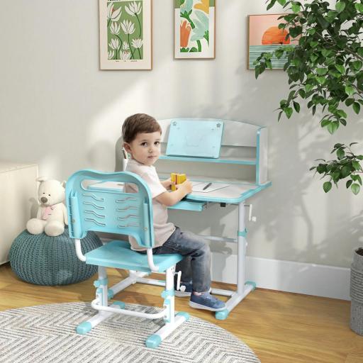 Escritorio Infantil Altura Ajustable con 1 Cajón 1 Estante y Ángulo de Mesa Ajustable 80x54,5x82-104 cm Azul y Blanco