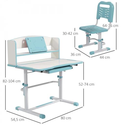 Escritorio Infantil Altura Ajustable con 1 Cajón 1 Estante y Ángulo de Mesa Ajustable 80x54,5x82-104 cm Azul y Blanco [1]