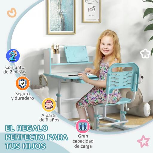 Escritorio Infantil Altura Ajustable con 1 Cajón 1 Estante y Ángulo de Mesa Ajustable 80x54,5x82-104 cm Azul y Blanco [2]