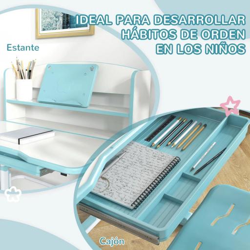 Escritorio Infantil Altura Ajustable con 1 Cajón 1 Estante y Ángulo de Mesa Ajustable 80x54,5x82-104 cm Azul y Blanco [7]