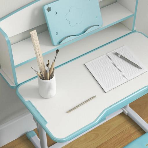 Escritorio Infantil Altura Ajustable con 1 Cajón 1 Estante y Ángulo de Mesa Ajustable 80x54,5x82-104 cm Azul y Blanco [4]