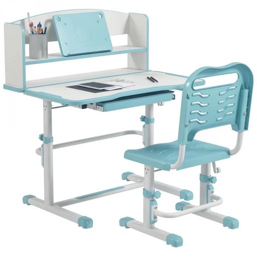 Escritorio Infantil Altura Ajustable con 1 Cajón 1 Estante y Ángulo de Mesa Ajustable 80x54,5x82-104 cm Azul y Blanco [8]