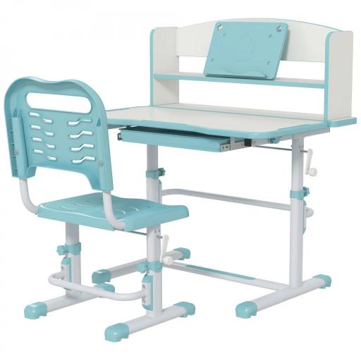 Escritorio Infantil Altura Ajustable con 1 Cajón 1 Estante y Ángulo de Mesa Ajustable 80x54,5x82-104 cm Azul y Blanco [9]