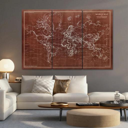 Cuadros en Lienzo Trípticos Mapamundi Vintage a Mano 120x60 cm con Marco de Madera Decoración para Dormitorio Marrón [2]